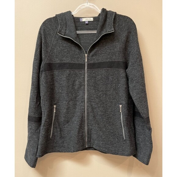 Ibex Women XL Merino Wool Blend Hoodie Sweater Jacket Gray Black Stripe Full Zip - Picture 1 of 12